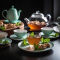 Teapot Filled with Hot Oolong Tea and Tea Cups