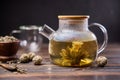 Teapot and glass cup with blooming tea flower inside on a wooden table Royalty Free Stock Photo