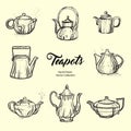 Teapot hand drawn ink vector illustration set old style. Isolated line kettle, illustration for logo, cafe menu, banner