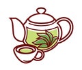 Teapot with herbal tea and cup vector isolated icon