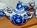 Teapot. Home tableware in Russian traditional Gzhel style. Gzhel - Russian folk craft of ceramics and production porcelain