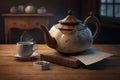 teapot with hot water and teabags on wooden tabletop