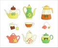 Teapot icon set. Bright tea pot vector illustration. Colored kettles isolated on white background. Doodle style kitchen equipment Royalty Free Stock Photo