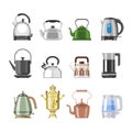 Teapot and kettle teakettle or samovar to drink tea on teatime and boiled coffee beverage in electric boiler in kitchen