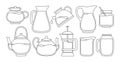 Teapot kettles tea black line set jar drink vector