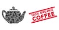 Teapot Mosaic and Grunge 100 Percent Organic Coffee Stamp Seal with Lines