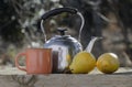 teapot with mug and pears on table Royalty Free Stock Photo