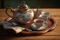 teapot placed on wooden tray with tea cups, saucers and teaspoons for afternoon tea Royalty Free Stock Photo