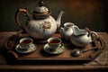 teapot placed on wooden tray with tea cups, saucers and teaspoons for afternoon tea Royalty Free Stock Photo