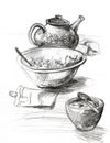 Teapot, Plate of food, rice. Still life food on the table. Can be an interesting picture for the kitchen.