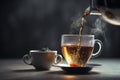 Teapot pouring grey herbal tea in glass cup. Generate ai Royalty Free Stock Photo