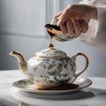 A teapot pouring a stream of herbal tea into an elegant porcelain cup4