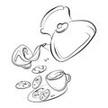Teapot pouring tea into a cup Line Art drawing black and white vector illustration.Teapot with cups and cookies Royalty Free Stock Photo