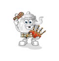 Teapot scottish with bagpipes vector. cartoon character