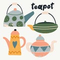 Teapot set. Hand drawn textured colorful kitchen cartoon ceramic tea tableware, cute teapots different forms geometric pattern. Royalty Free Stock Photo