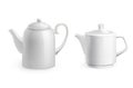 Teapot set. Realistic white porcelain for hot herbs beverages. Utensil for morning drinks. Ceramic crockery different