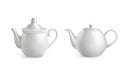 Teapot set. Realistic white porcelain, morning hot drinks utensil, kitchen ceramic crockery different forms. Restaurant Royalty Free Stock Photo