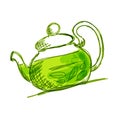 Teapot sketch with green tea