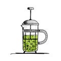 Teapot sketch with green tea