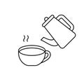 Teapot, steam, cup with hot water. Linear icons set for packaging tea, coffee, herbal collection. Black illustration of brewing,