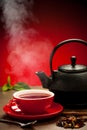 Teapot and tea cup arangement on a table Royalty Free Stock Photo