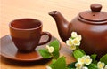 Teapot, teacup, saucer and jasmine flower twig on wood