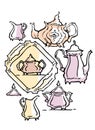 Teapot and Teacups funny drawing. Isolated illustration.