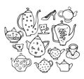 Teapot and Teacups funny drawing. Isolated illustration.