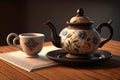 teapot on trivet, with tea cup and saucer next to it Royalty Free Stock Photo