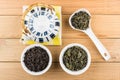 Teapot on yellow napkin, bowls and plastic spoon with tea