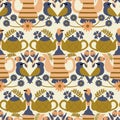 Teapots and birds in a folk art seamless pattern Royalty Free Stock Photo