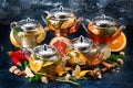 Five brewed teas in teapots collection Royalty Free Stock Photo