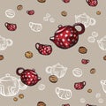 Teapots, cups and cookies seamless pattern hand drawn in old style. Tea time vector illustration. Food pattern