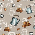 Teapots, cups and donuts seamless pattern hand drawn in old style. Tea time vector illustration. Food pattern