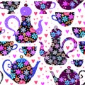 Teapots and cups with floral ornaments on white background. Seamless pattern with romantic teatime