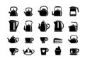 Teapots and electric kettles silhouette set. Plastic devices for quickly boiling water metal rounded shapes heated gas