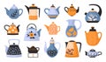 Teapots and kettles. Kitchen electric, ceramic and glass teakettles. Cute crockery for warm household. Isolated