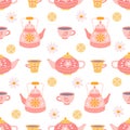 Teapots and mugs with tea, daisies and lemon on white background, vector seamless pattern in flat hand drawn style Royalty Free Stock Photo