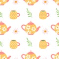 Teapots and mugs with tea, daisies on white background, vector seamless pattern in flat hand drawn style Royalty Free Stock Photo