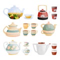 Teapots, tea cups vector illustration. Ceramic, glass, porcelain utensil icons set. Kitchenware isolated design elements Royalty Free Stock Photo