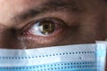 Tears in eyes of crying male doctor in mask. Face close-up. Pandemic and virus epidemic. Coronavirus covid-19