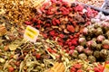 Teas and Spices in Spice Bazaar, Istanbul, Turkey 23 November 2019 Royalty Free Stock Photo