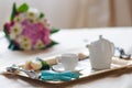 Teaset on breakfast tray in bedroom Royalty Free Stock Photo