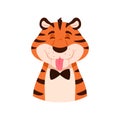 Teasing cheerful cartoon tiger shows tongue