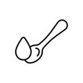 Teaspoon with drop. Dose of oil, syrup, medicine. Linear icon of pour liquid into measuring spoon. Black illustration of soup,