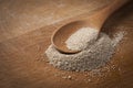 Teaspoon full of instant yeast on wooden cutting board