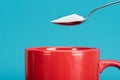 Teaspoonful of granulated sugar near red cup Royalty Free Stock Photo