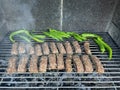 Mici and chilli peppers on barbeque - outdoor cooking