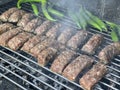 Mici and chilli peppers on barbeque - outdoor cooking Royalty Free Stock Photo