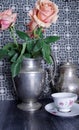 teatime, antique silver pewter pitchers, coffee pitcher, teacup, saucer